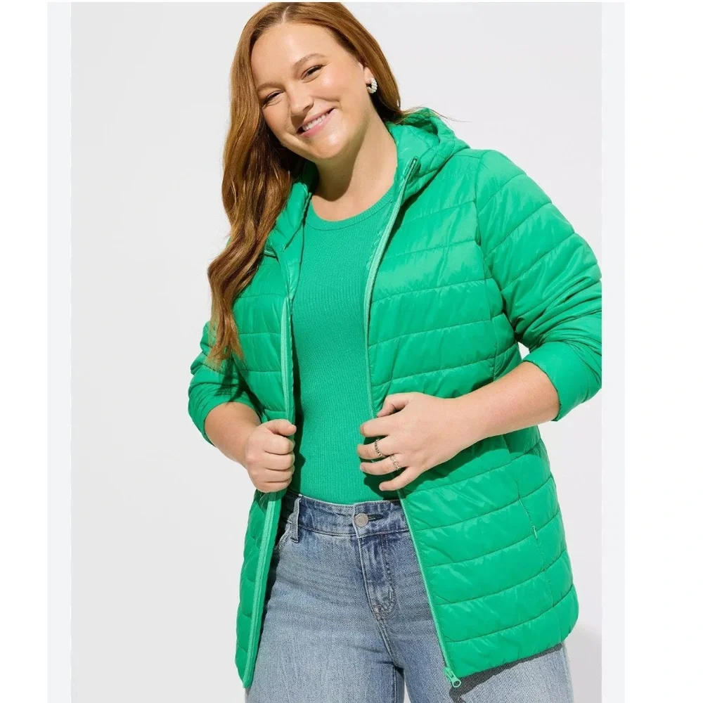 Torrid Packable Puffer Jacket Green Size 00 (L)